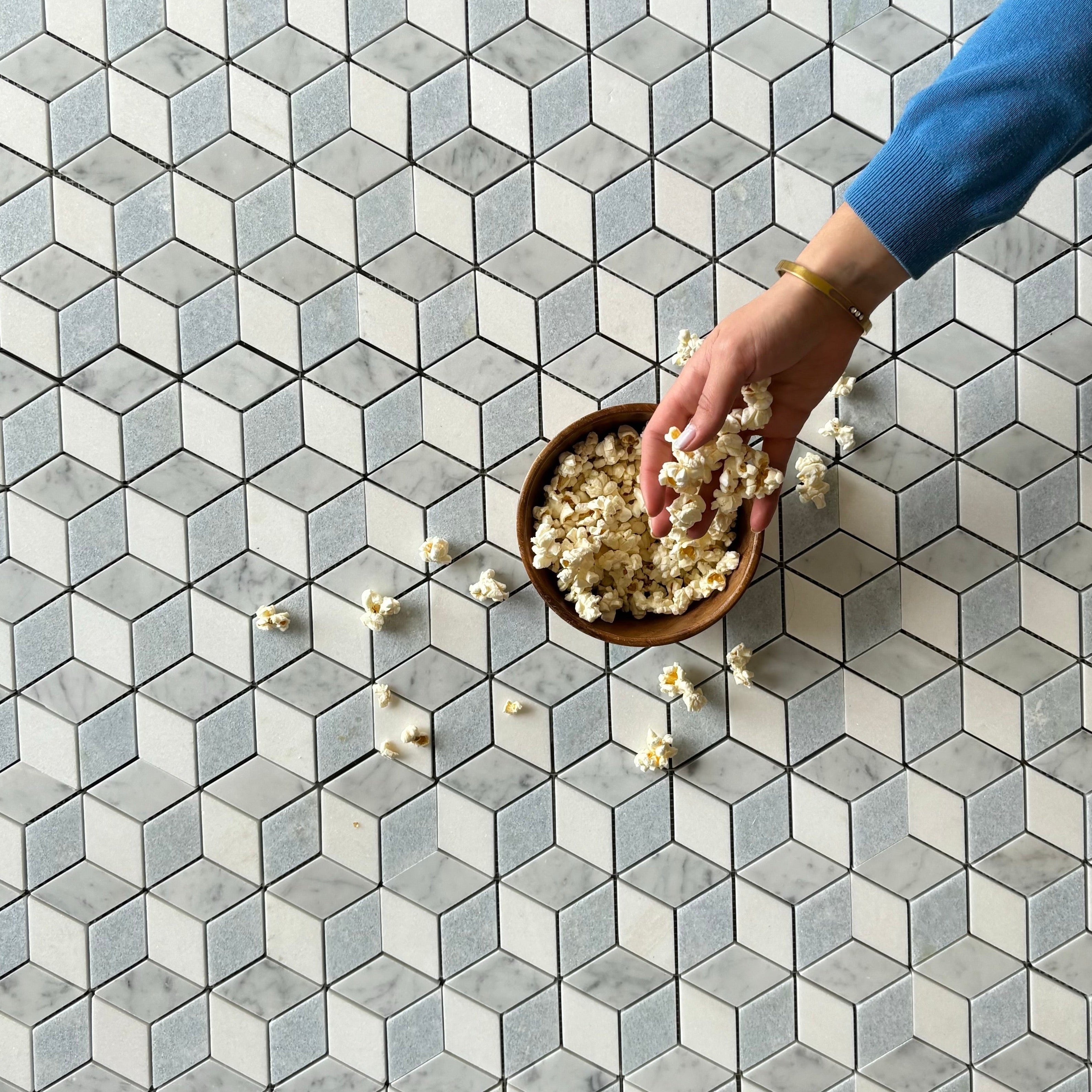 RHOMBUS THASSOS & WHITE CARRARA & BLUE CELESTE MARBLE MOSAIC POLISHED 2